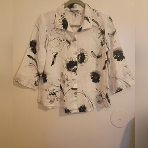 Habitat Women's Black and White Floral Top 80% Linen Sz XS